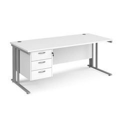 Maestro 25 straight desk 1800mm x 800mm with 3 drawer pedestal - silver cable managed leg frame, white top