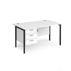 Maestro 25 straight desk 1400mm x 800mm with 3 drawer pedestal - black H-frame leg, white top