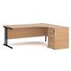 Maestro 25 right hand ergonomic desk 1800mm with black cantilever frame and desk high pedestal - beech