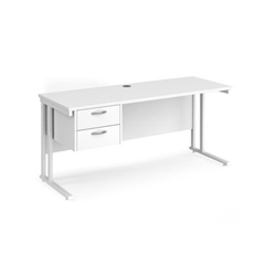 Maestro 25 straight desk 1600mm x 600mm with 2 drawer pedestal - white cantilever leg frame, white top