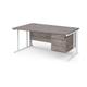 Maestro 25 left hand wave desk 1600mm wide with 3 drawer pedestal - white cable managed leg frame, grey oak top