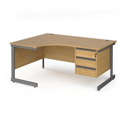 Contract 25 left hand ergonomic desk with 3 drawer pedestal and graphite cantilever leg 1600mm - oak top