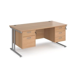 Maestro 25 straight desk 1600mm x 800mm with 2 and 3 drawer pedestals - silver cantilever leg frame, beech top