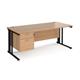 Maestro 25 straight desk 1800mm x 800mm with 2 drawer pedestal - black cable managed leg frame, beech top