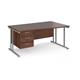 Maestro 25 right hand wave desk 1600mm wide with 3 drawer pedestal - silver cantilever leg frame, walnut top