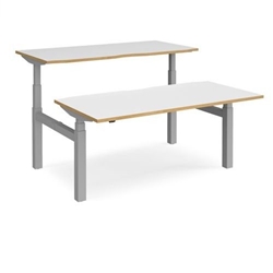 Elev8 Touch sit-stand back-to-back desks 1600mm x 1650mm - silver frame, white top with oak edge