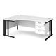 Maestro 25 left hand ergonomic desk 1800mm wide with 3 drawer pedestal - black cable managed leg frame, white top
