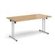 Rectangular folding leg table with silver legs and straight foot rails 1600mm x 800mm - oak