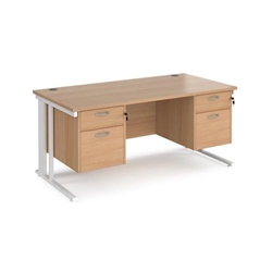 Maestro 25 straight desk 1600mm x 800mm with two x 2 drawer pedestals - white cable managed leg frame, beech top
