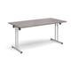 Rectangular folding leg table with silver legs and straight foot rails 1600mm x 800mm - grey oak
