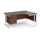 Maestro 25 right hand ergonomic desk 1600mm wide with 3 drawer pedestal - white cantilever leg frame, walnut top