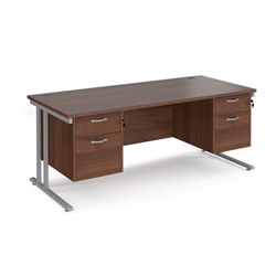Maestro 25 straight desk 1800mm x 800mm with two x 2 drawer pedestals - silver cantilever leg frame, walnut top
