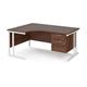 Maestro 25 left hand ergonomic desk 1600mm wide with 2 drawer pedestal - white cantilever leg frame, walnut top