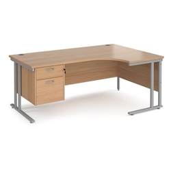 Maestro 25 right hand ergonomic desk 1800mm wide with 2 drawer pedestal - silver cantilever leg frame, beech top