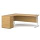 Maestro 25 left hand ergonomic desk 1800mm with white cantilever frame and desk high pedestal - oak