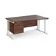 Maestro 25 right hand wave desk 1600mm wide with 2 drawer pedestal - white cantilever leg frame, walnut top