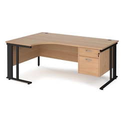 Maestro 25 left hand ergonomic desk 1800mm wide with 2 drawer pedestal - black cable managed leg frame, beech top
