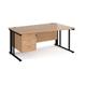 Maestro 25 right hand wave desk 1600mm wide with 3 drawer pedestal - black cable managed leg frame, beech top