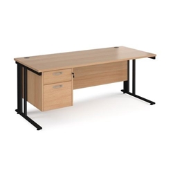 Maestro 25 straight desk 1800mm x 800mm with 2 drawer pedestal - black cable managed leg frame, beech top