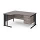 Maestro 25 left hand ergonomic desk 1600mm wide with 3 drawer pedestal - black cable managed leg frame, grey oak top