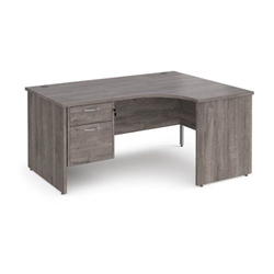 Maestro 25 right hand ergonomic desk 1600mm wide with 2 drawer pedestal - grey oak top with panel end leg