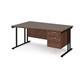 Maestro 25 left hand wave desk 1600mm wide with 2 drawer pedestal - black cantilever leg frame, walnut top