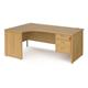 Maestro 25 left hand ergonomic desk 1800mm wide with 3 drawer pedestal - oak top with panel end leg