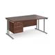 Maestro 25 right hand wave desk 1600mm wide with 2 drawer pedestal - silver cantilever leg frame, walnut top