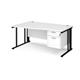Maestro 25 left hand wave desk 1600mm wide with 2 drawer pedestal - black cable managed leg frame, white top