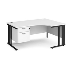 Maestro 25 right hand ergonomic desk 1600mm wide with 2 drawer pedestal - black cable managed leg frame, white top