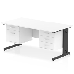 Impulse 1600 x 800mm Scalloped Edge Straight Office Desk White Top Black Cable Managed Leg Workstation 1 x 2 Drawer 1 x 3 Drawer Fixed Pedestal