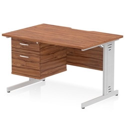 Impulse 1200 x 800mm Scalloped Edge Straight Office Desk Walnut Top Silver Cable Managed Leg Workstation 1 x 2 Drawer Fixed Pedestal