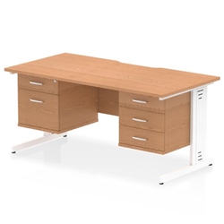 Impulse 1600 x 800mm Scalloped Edge Straight Office Desk Oak Top White Cable Managed Leg Workstation 1 x 2 Drawer 1 x 3 Drawer Fixed Pedestal