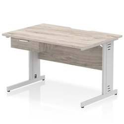 Impulse 1200 x 800mm Scalloped Edge Straight Office Desk Grey Oak Top Silver Cable Managed Leg Workstation 1 x 1 Drawer Fixed Pedestal