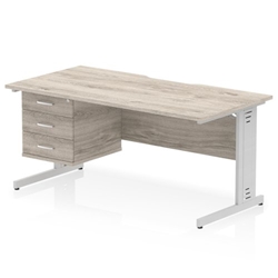 Impulse 1600 x 800mm Scalloped Edge Straight Office Desk Grey Oak Top Silver Cable Managed Leg Workstation 1 x 3 Drawer Fixed Pedestal