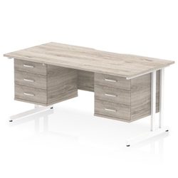 Impulse 1600 x 800mm Scalloped Edge Straight Office Desk Grey Oak Top White Cantilever Leg Workstation 2 x 3 Drawer Fixed Pedestal