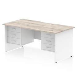 Impulse 1600 x 800mm Scalloped Edge Straight Office Desk Grey Oak Top White Panel End Leg Workstation 2 x 3 Drawer Fixed Pedestal