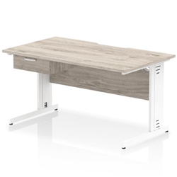 Impulse 1400 x 800mm Scalloped Edge Straight Office Desk Grey Oak Top White Cable Managed Leg Workstation 1 x 1 Drawer Fixed Pedestal