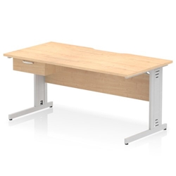 Impulse 1600 x 800mm Scalloped Edge Straight Office Desk Maple Top Silver Cable Managed Leg Workstation 1 x 1 Drawer Fixed Pedestal