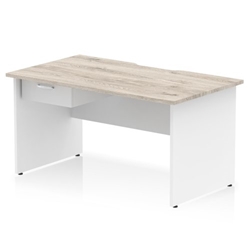Impulse 1400 x 800mm Scalloped Edge Straight Office Desk Grey Oak Top White Panel End Leg Workstation 1 x 1 Drawer Fixed Pedestal