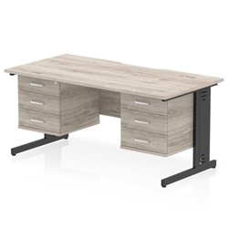 Impulse 1600 x 800mm Scalloped Edge Straight Office Desk Grey Oak Top Black Cable Managed Leg Workstation 2 x 3 Drawer Fixed Pedestal