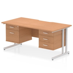 Impulse 1600 x 800mm Scalloped Edge Straight Office Desk Oak Top Silver Cantilever Leg Workstation 1 x 2 Drawer 1 x 3 Drawer Fixed Pedestal