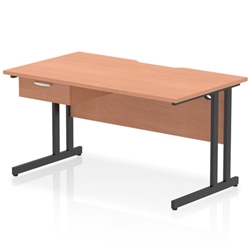 Impulse 1400 x 800mm Scalloped Edge Straight Office Desk Beech Top Black Cantilever Leg Workstation 1 x 1 Drawer Fixed Pedestal