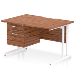 Impulse 1200 x 800mm Scalloped Edge Straight Office Desk Walnut Top White Cantilever Leg Workstation 1 x 2 Drawer Fixed Pedestal