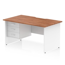 Impulse 1400 x 800mm Scalloped Edge Straight Office Desk Walnut Top White Panel End Leg Workstation 1 x 3 Drawer Fixed Pedestal