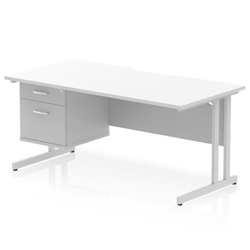 Impulse 1600 x 800mm Scalloped Edge Straight Office Desk White Top Silver Cantilever Leg Workstation 1 x 2 Drawer Fixed Pedestal