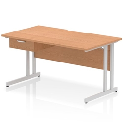 Impulse 1400 x 800mm Scalloped Edge Straight Office Desk Oak Top Silver Cantilever Leg Workstation 1 x 1 Drawer Fixed Pedestal