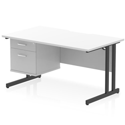 Impulse 1400 x 800mm Scalloped Edge Straight Office Desk White Top Black Cantilever Leg Workstation 1 x 2 Drawer Fixed Pedestal