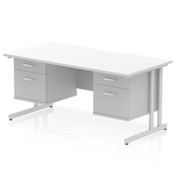 Impulse 1600 x 800mm Scalloped Edge Straight Office Desk White Top Silver Cantilever Leg Workstation 2 x 2 Drawer Fixed Pedestal