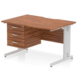 Impulse 1200 x 800mm Scalloped Edge Straight Office Desk Walnut Top Silver Cable Managed Leg Workstation 1 x 3 Drawer Fixed Pedestal